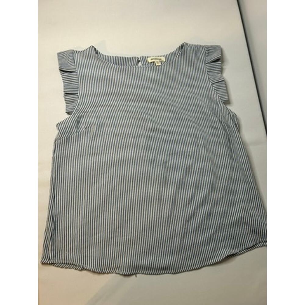 Monteau Blue and White Striped Ruffle Sleeve Blouse